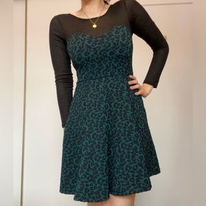 Dynamite A-Line Teal Leopard Print Long Sleeve Dress